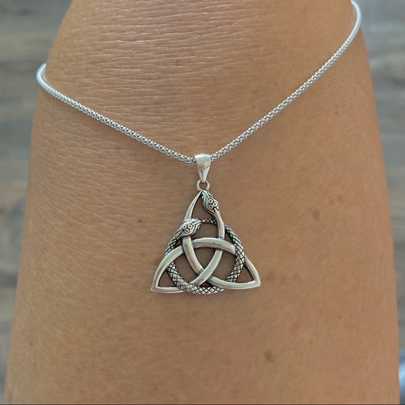 Sterling Silver Celtic Snake Necklace, Triquetra Chain, Animal Retiles Jewelry - Picture 7 of 8